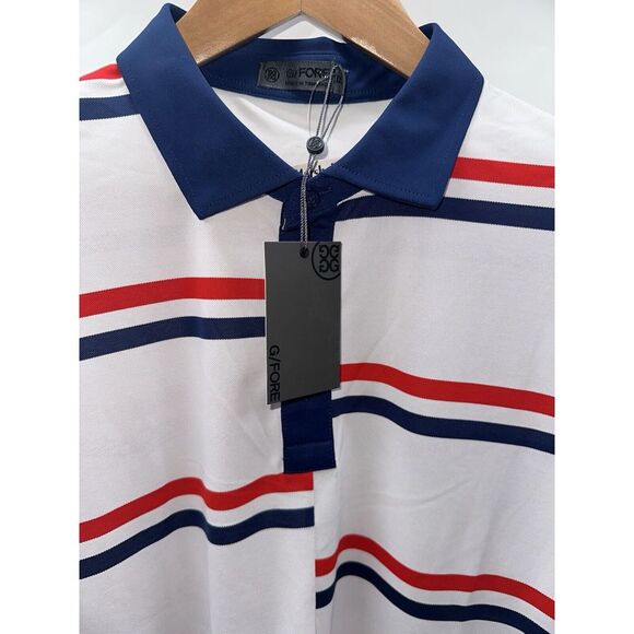 G/FORE NWT Golf Offset Stripe Tech Pique Polo XXL/2XL Patriotic Red White Blue‎ - Picture 1 of 6